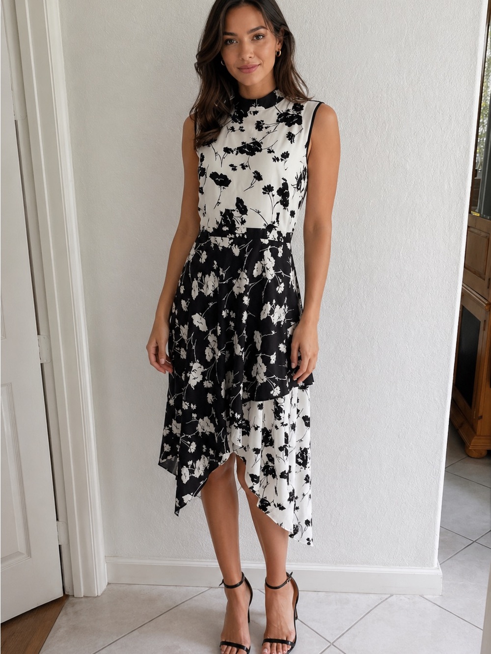 Mikael Aghal black white floral sleeveless dress size 10